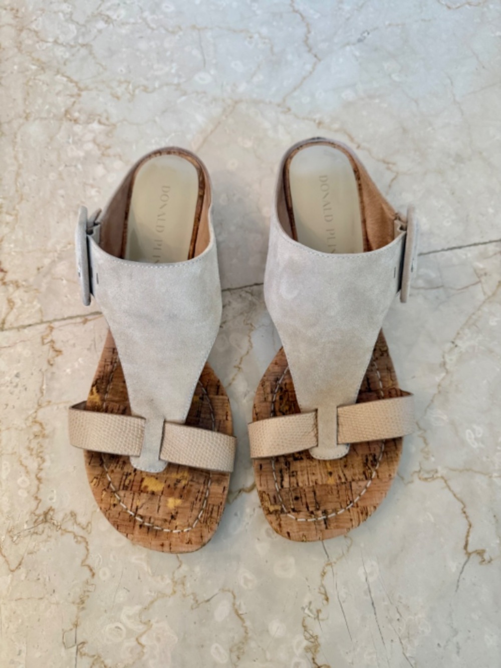 Donald Pliner Ofelia Suede Sandals Wedges Buckle Beige Sand Cork Heel Size 8.5M